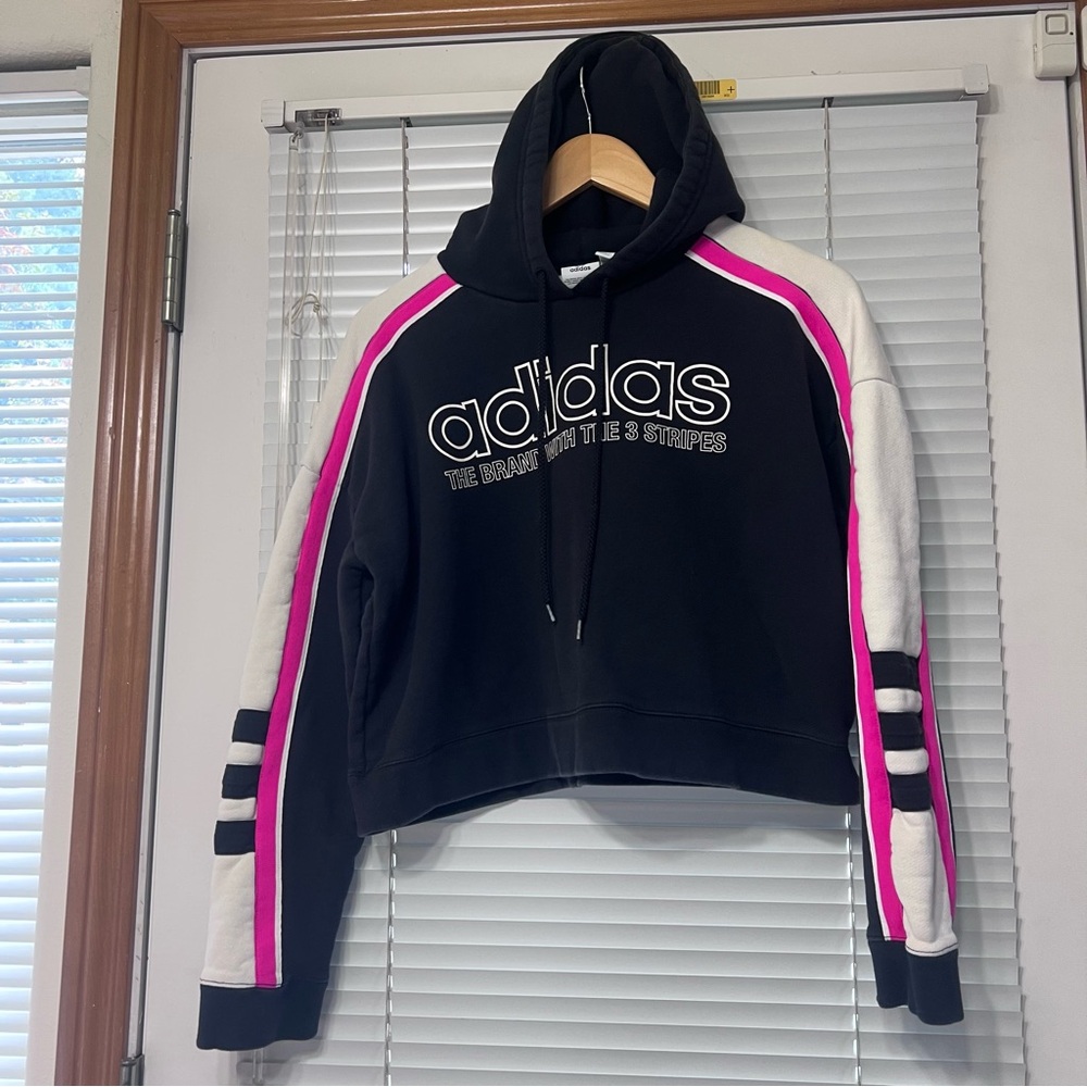 Adidas Black Moto Hoodie Sweatshirt with White Logo Size Medium